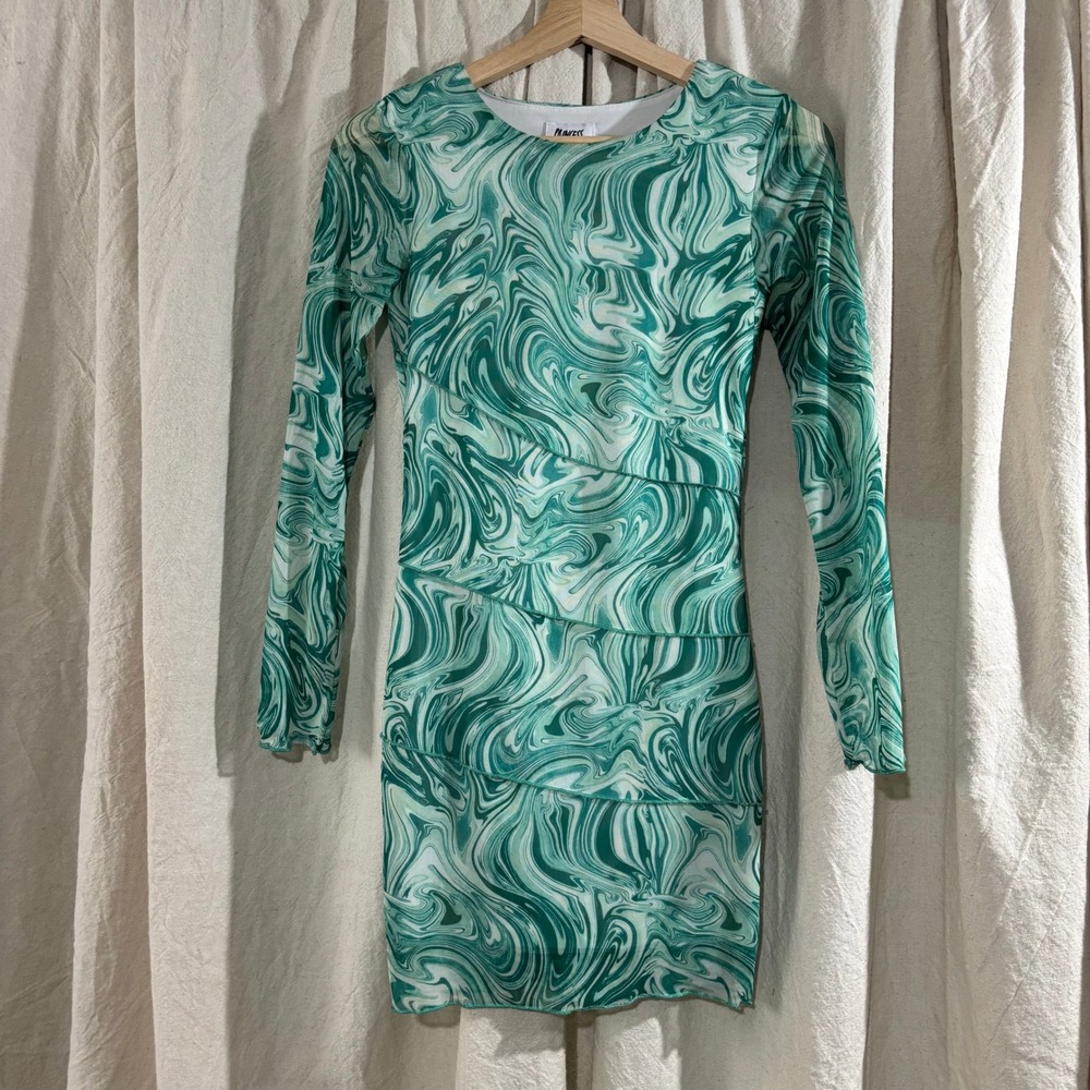 Princess Polly Green Marble Swirl Mesh Long Sleeve Mini Dress US 4 Bodycon